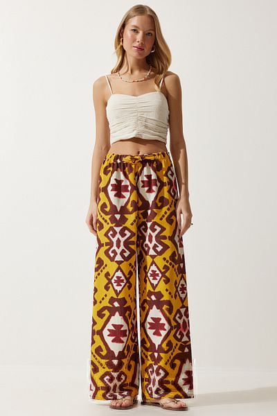 Happiness İstanbul Senfgelbe Palazzo-Hose aus Rohleinen für Damen BH00397