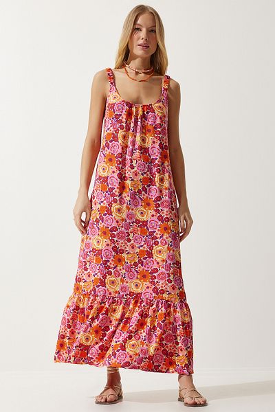 Happiness İstanbul Rochie tricotată lungă cu model portocaliu cu bretele elastice pentru femei UB00242
