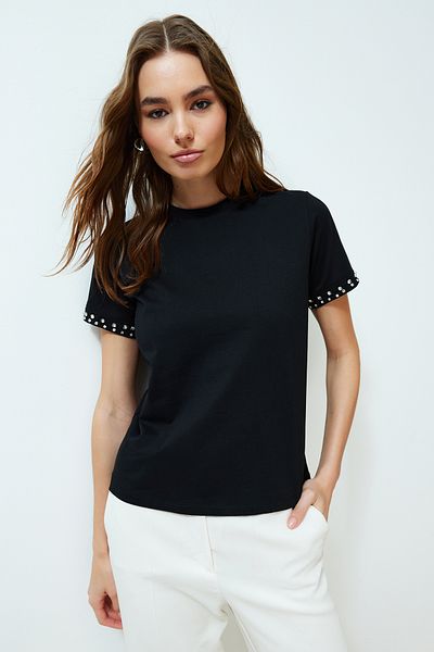 Trendyol Collection Pletené tričko z černého kamene s podrobným pravidelným vzorem TWOSS24TS00070