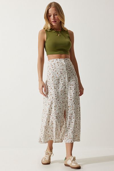 Happiness İstanbul Ecrufarbener gemusterter Viskoserock mit Schlitz für Damen UB00246