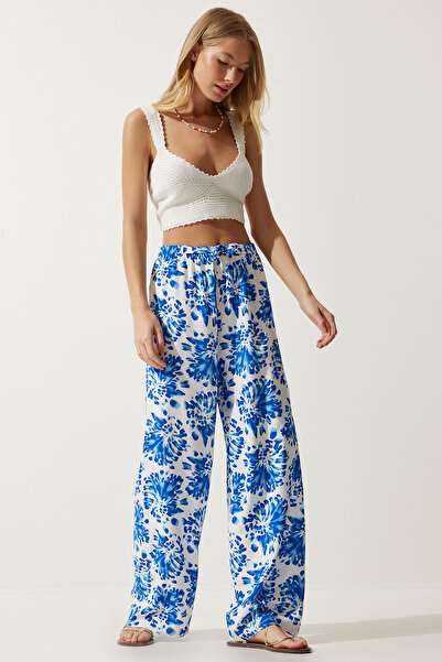 Happiness İstanbul Dámské Ecru modré letní volné viskózové kalhoty s vysokým pasem BH00354