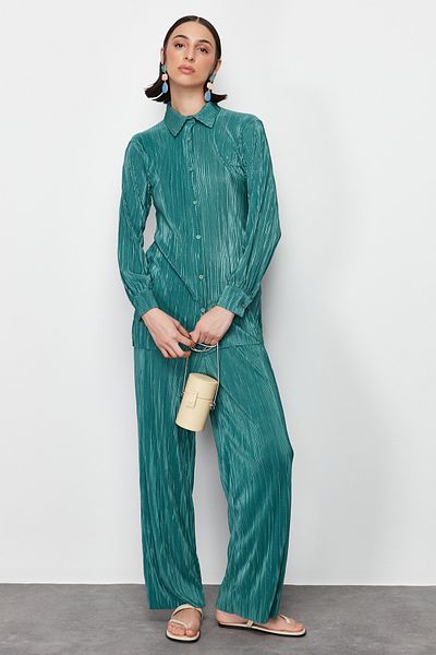 Trendyol Modest Khaki dzianinowy plisowany zestaw koszula i spodnie - TCTSS24US00041