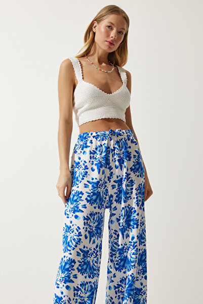 Happiness İstanbul Dámské Ecru modré letní volné viskózové kalhoty s vysokým pasem BH00354