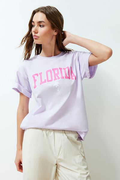 Trendyol Collection Lila Oversize, nyomott, legény nyakú, rövid ujjú kötött póló TWOSS24TS00142