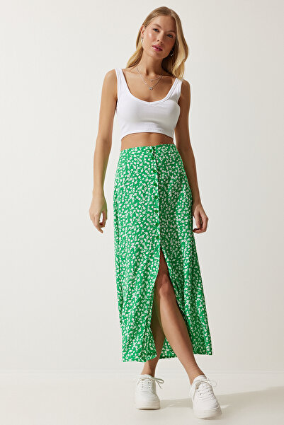 Happiness İstanbul Damska zielona wzorzysta spódnica z wiskozy z rozcięciem UB00246