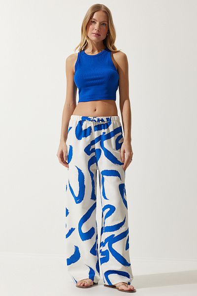 Happiness İstanbul Women's White Blue Patterned Raw Linen Palazzo Trousers BH00397