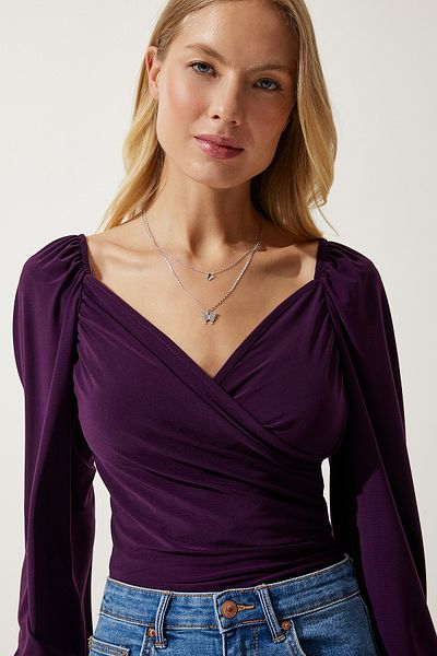 Happiness İstanbul Damen-Strickbluse mit elastischen Ballonärmeln in Pflaume, Sandy FF00154