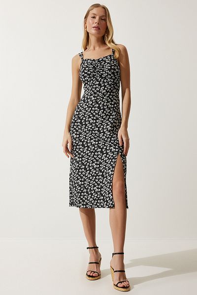 Happiness İstanbul Gemustertes Strickkleid mit zwei Trägern in Schwarz und Weiß für Damen MC00262
