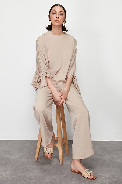 Trendyol Modest Kő denevér ujjú szőtt aerobin tunika-nadrág szett TCTSS23US00043