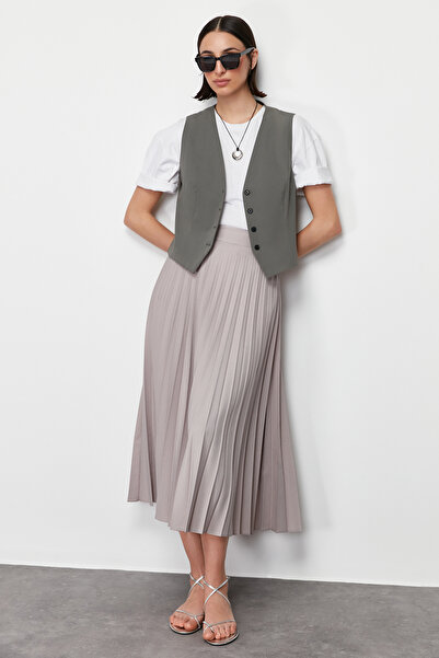 Trendyol Modest Γκρι πλισέ υφασμένη φούστα TCTSS24EE00010