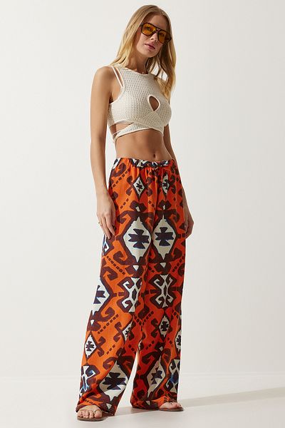 Happiness İstanbul Women's Orange Patterned Raw Linen Palazzo Pants BH00397