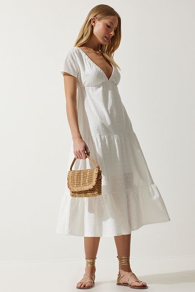 Happiness İstanbul Ecrufarbenes Damen-Sommerkleid mit tiefem V-Ausschnitt und Wellenschliff UB00266