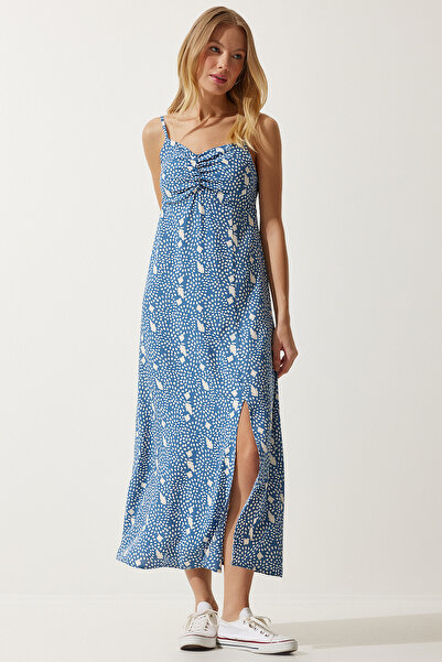 Happiness İstanbul Női indigókék pántos mintás viszkóz ruha UB00236