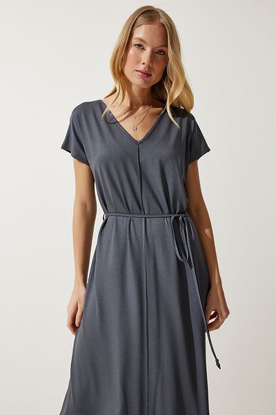 Happiness İstanbul Women's Anthracite Belted V-Neck Viscose Dress UB00240