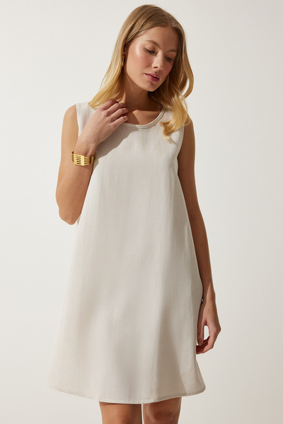 Happiness İstanbul Női krémszínű nyári vászon viszkóz csengőruha BH00416
