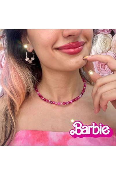 Elifsu Jewelry Pembe ve Mor Akik 6mm Taşlı Kolye