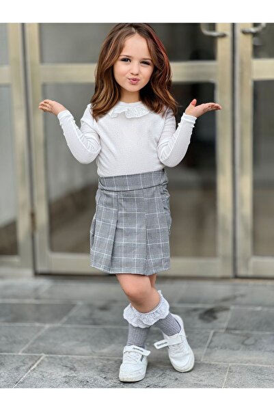 CINARIUM Girl's Plaid Gray Shorts Skirt and Badi Double Set