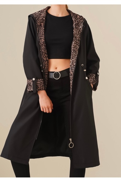 ÇİZGİ Kapüşonlu leopar detaylı beli  ayarlanabilir büzgülü siyah uzun trençkot