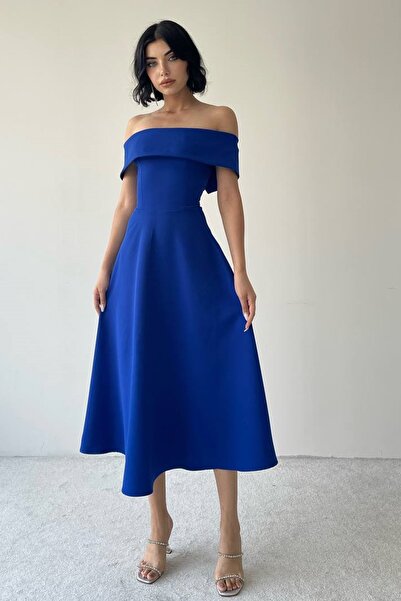 lovebox Női Atlasz szövet Madonna gallér design Saks kék lobogó Midi estélyi ruha 222