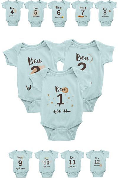 ADABEBEK 100% Cotton Design 12-Piece (0-1 Years) Monthly Bodysuit Set with Snap Fasteners