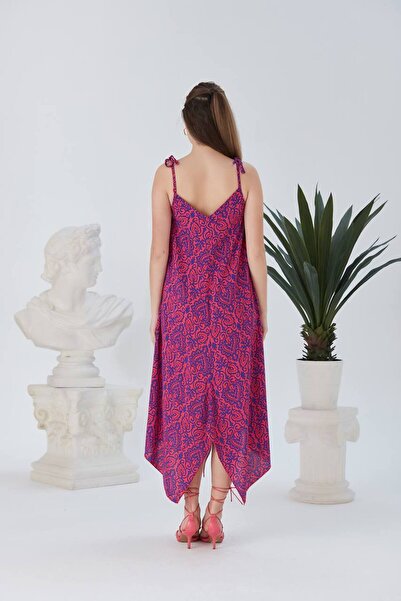 ZF BUTİK Women's Rope Strap Bell Cut Tile Pattern Dress