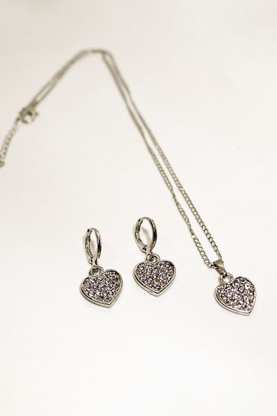 EUROMODA Heart Designed Zircon Stone Silver Colored Necklace Earring Suit Set