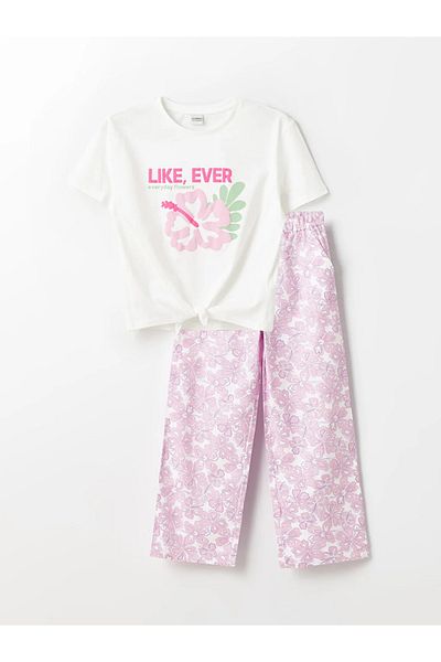 LC Waikiki تي شيرت وسروال قصير الأكمام مطبوع برقبة دائرية للفتيات من LCW Kids