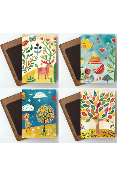 Hayat Poster çiçekler ağaçlar hayvanlar çocuklar mutluluk temalı ev dekor 4lü...