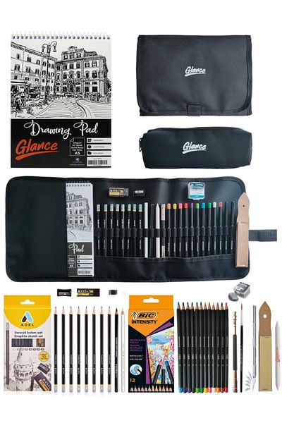 GLANCE Sketch A5 120 gr Adel Graduated Pencil Set 8 Pieces Aquarelle Dry Watercolor 12 Colors Pocket 24 Pencil Holders
