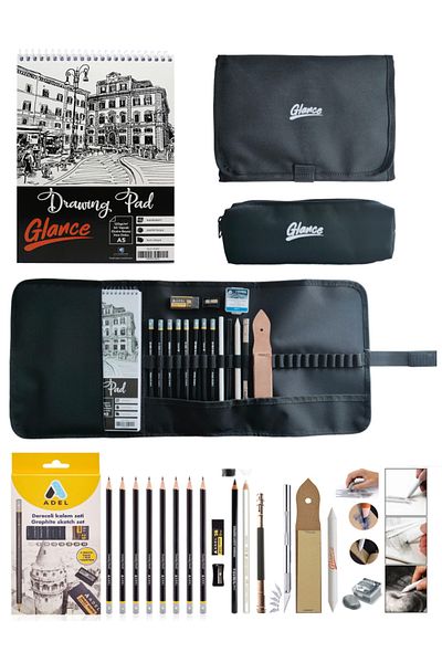 GLANCE Sketch A5 120 Gr Set of 8 Black Graduated Pencils - 24 Compartments and Pencil Case Set