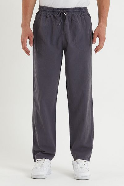 COMBİNE MİCHAİL Smoke Colored Men's Linen Trousers with Tie Waist
