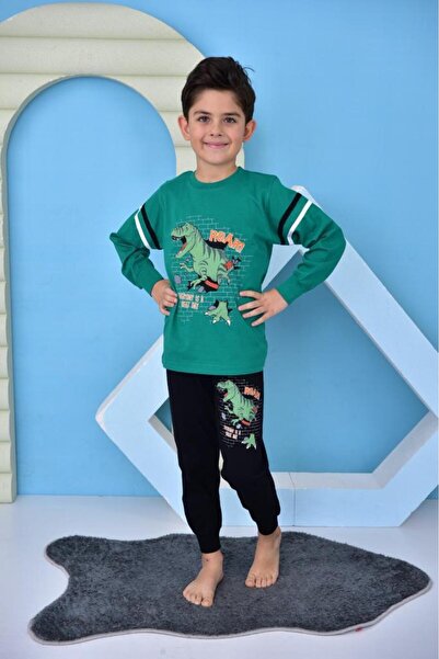 KAPİKİDS Uzun Kollu İnce Dinazor Baskılı Erkek Çocuk Pijama Takımı