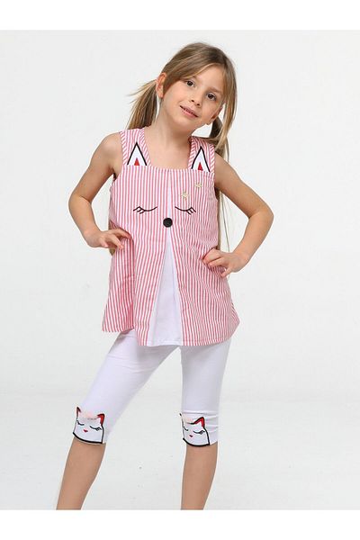 Casabony Cat Themed Woven Fabric Designed, Girl's Tunic & Leggings Set