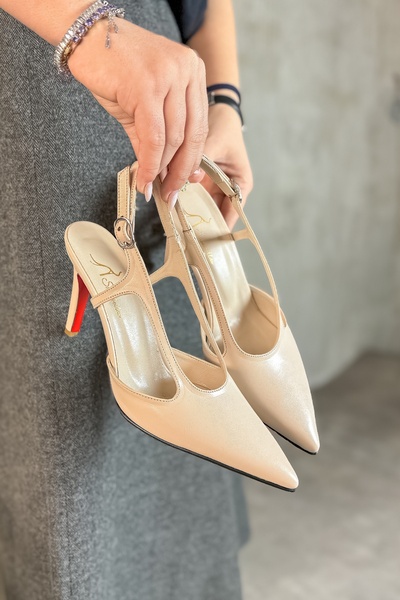 SHOEBELLAS Davina Bej Cilt Yan Dekolte Detaylı Kadın Topuklu Ayakkabı