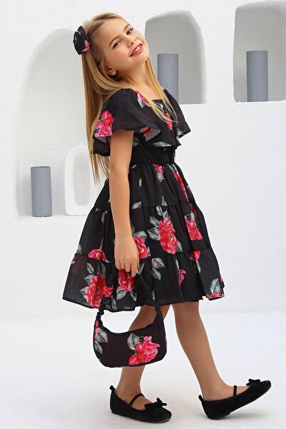 Riccotarz Kız Çocuk Çiçek Desenli Bordo Deri Ceketli Elbise