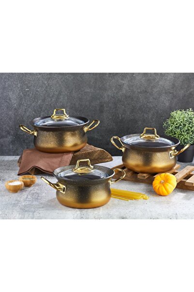 OMS 3047 - 6 Parça - Bio Granit - Borcam Kapaklı - Bakraç Tencere Seti Gold