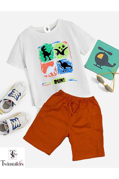 twins tailors Dinosaur Run Printed White-Orange Unisex Summer Bottom Top Kids Set