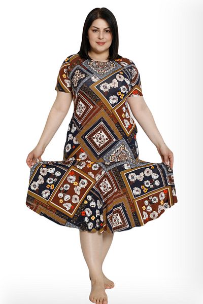Lagertha by İntensive Women's Patterned Pocketed Short Sleeve 100% Viscose Plus Size Dress