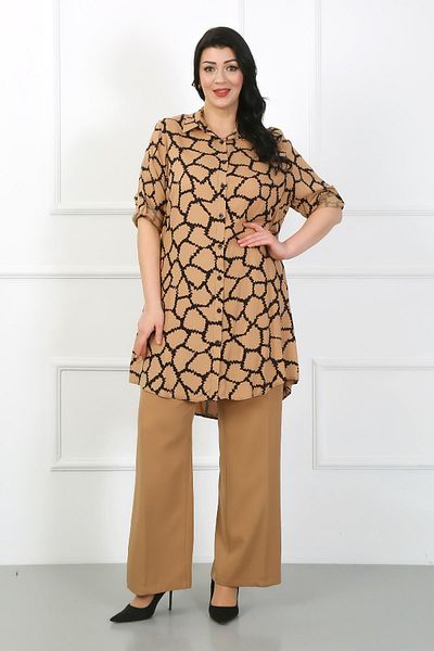 By Alba Collection Women's Tan Patterned Cotton Viscose Large Size Tunic