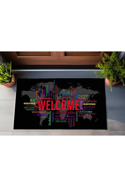 menesahome سجادة باب أمامية مطبوعة رقمية باللون الأسود تحت عنوان خريطة العالم واللغات