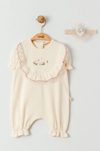 MİNİBORN NEW BORN GIRL SHORT SLEEVE ECRU REPORT FABRIC SALOPET