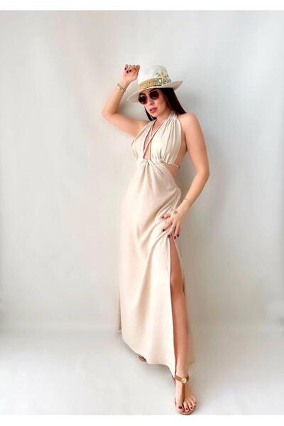 twomeey Γυναικείο καλοκαιρινό φόρεμα με λινό ύφασμα χαμηλού κοψίματος στην πλ...