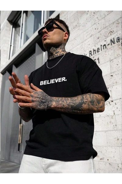 ORLONTEX Tricou oversize cu imprimeu Black Believer pentru bărbați