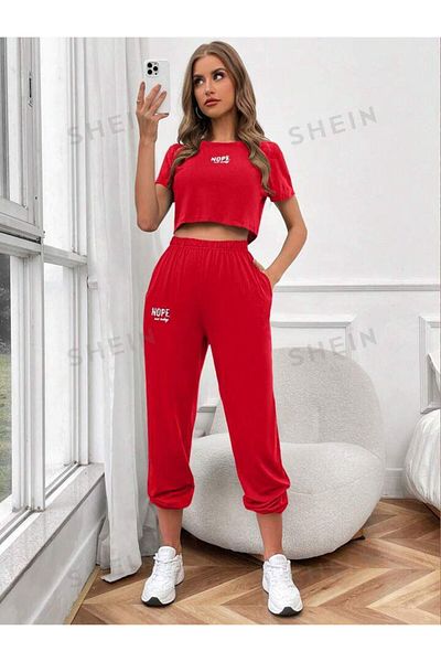 AMMA Unisex Nope Printed Bottom Top T-shirt Sweatpants Set Set