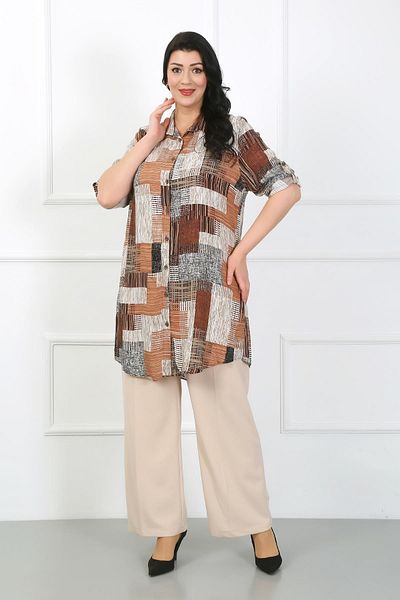 By Alba Collection سترة نسائية كبيرة الحجم من القطن الفسكوزي منقوشة باللون البني الداكن
