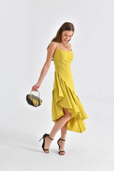 Neşeli Butik women's green suspender asymmetrical evening dress NBSWLL11