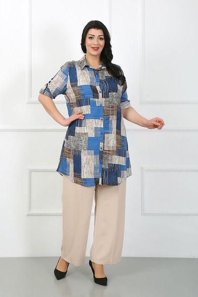 By Alba Collection Women's Indigo Patterned Cotton Viscose Large Size Tunic