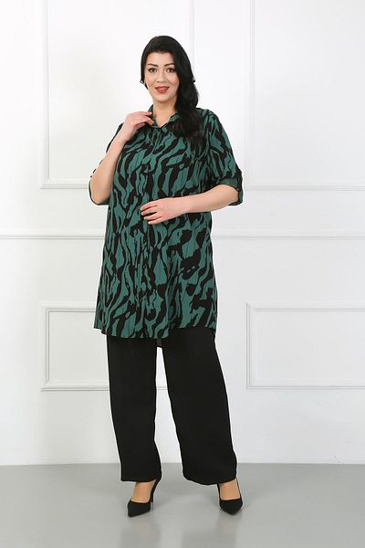 By Alba Collection Women's Khaki Patterned Cotton Viscose Large Size Tunic
