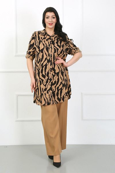 By Alba Collection Women's Tan Patterned Cotton Viscose Large Size Tunic