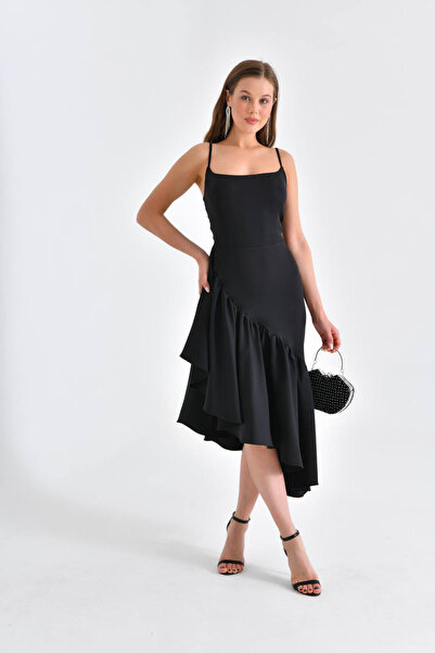 Neşeli Butik rochie de seară asimetrică cu bretele negre pentru femei NBSWLL11